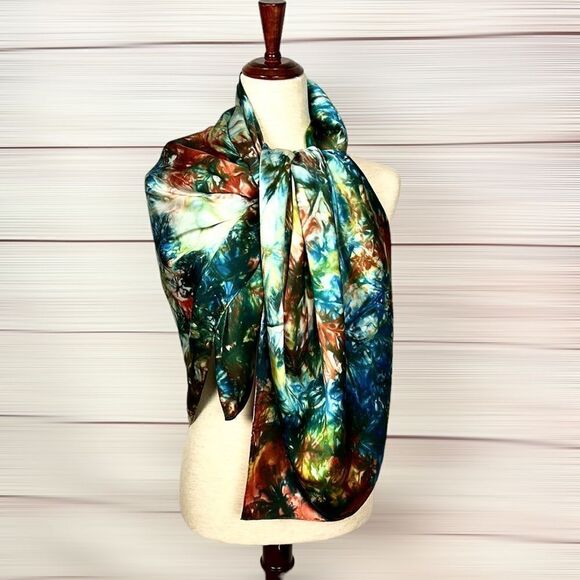 Large Silk Satin Square Scarf Abstract Print Hand Rolled - Picture 9 of 11
